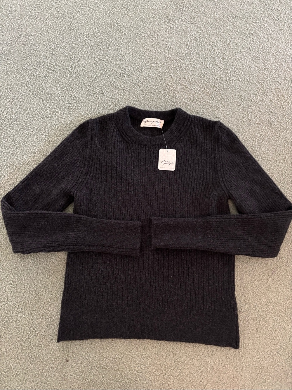 Free People Ever After Ribbed Pullover Sweater Charcoal Medium NWT